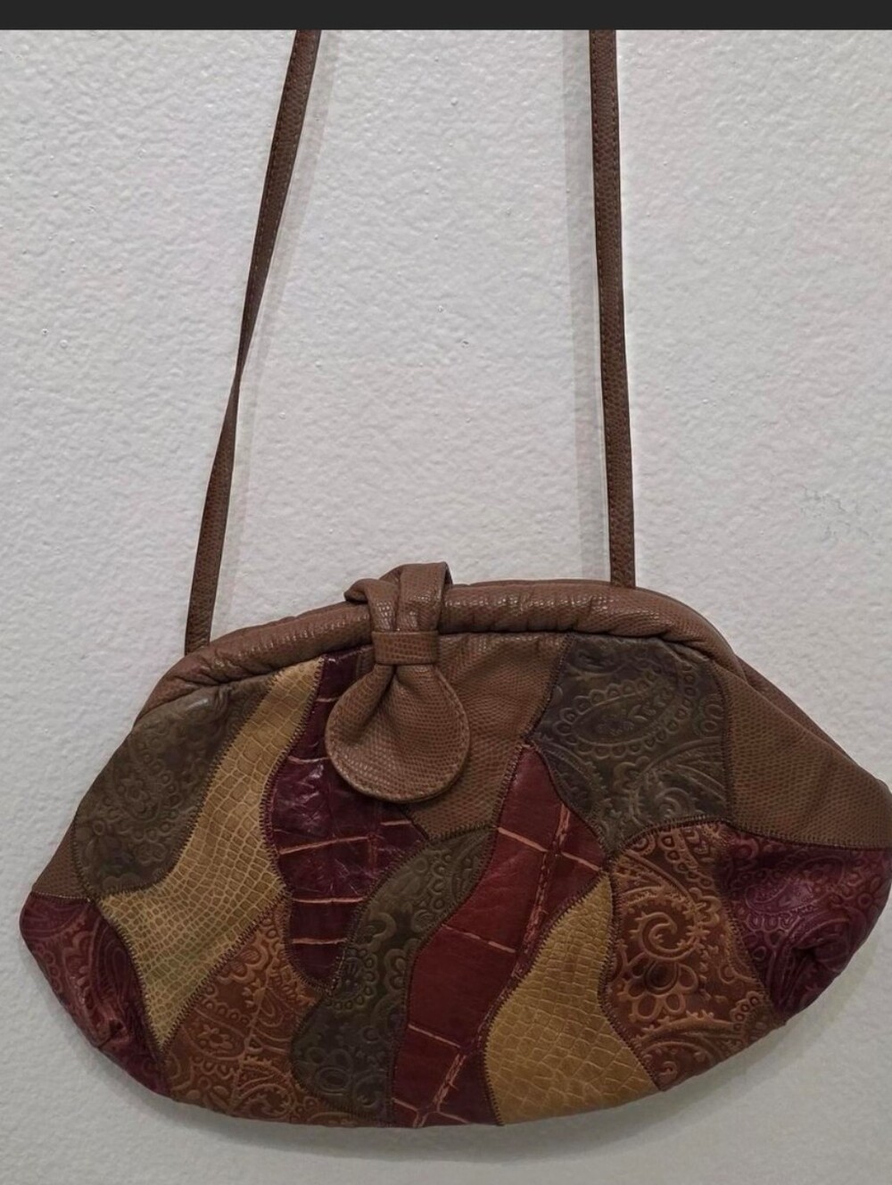 Vintage Patchwork Leather Crossbody Bag in Brown & Burgundy